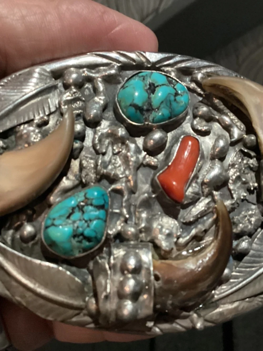 BEAR Claw BELT BUCKLE. OLD PAWN ? CORAL TURQUOISE. SIGNED “SC”